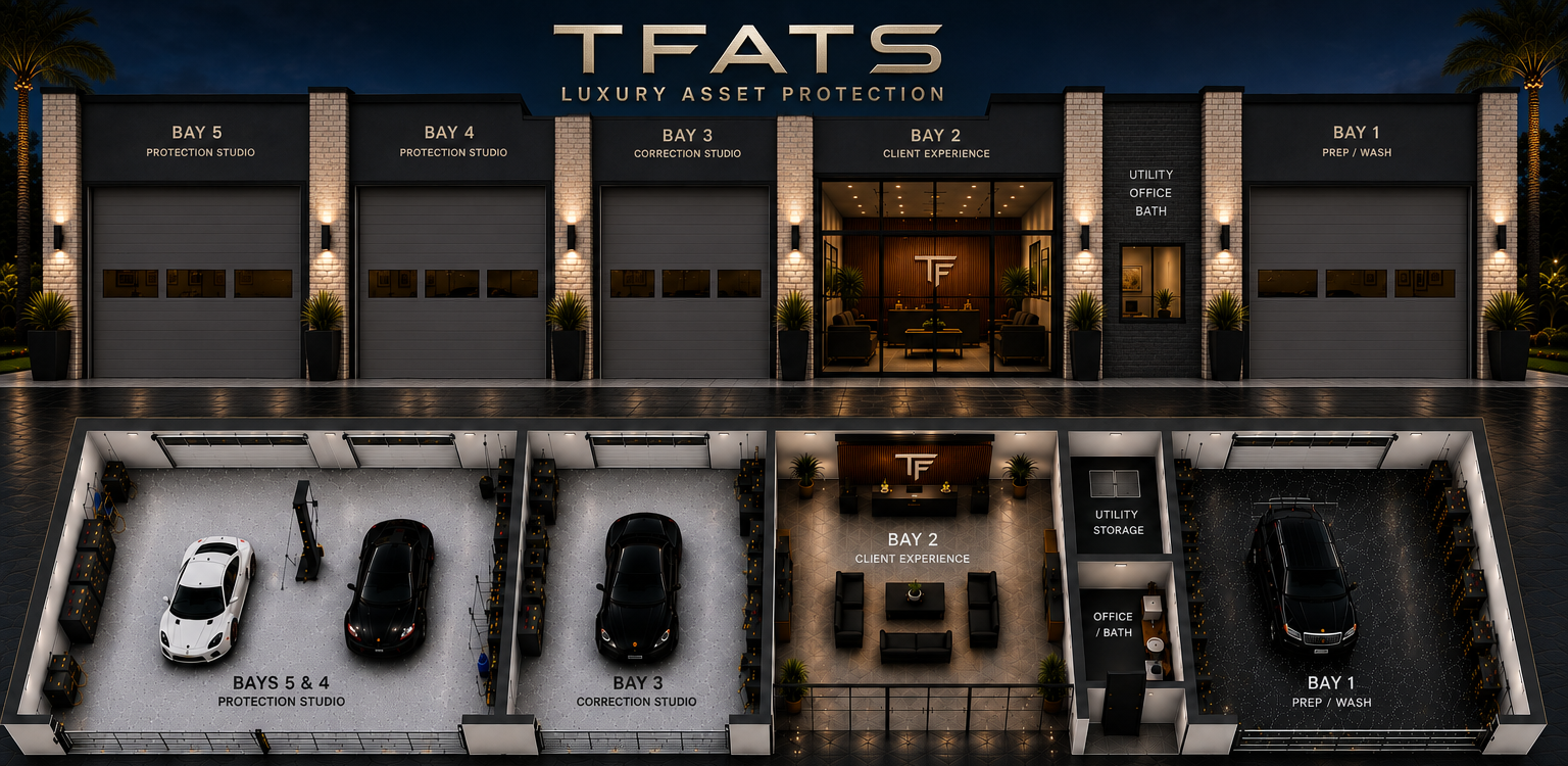 A 3D architectural rendering of a luxury asset protection complex with six labeled garage bays (Bay 1 through Bay 6) and an illuminated central entrance. The design shows multiple vehicle models inside the bays, with text callouts describing features like 'Lithium Iron Phosphate Glass', 'Satin Gray Granite', and 'Walls & Ceiling'.