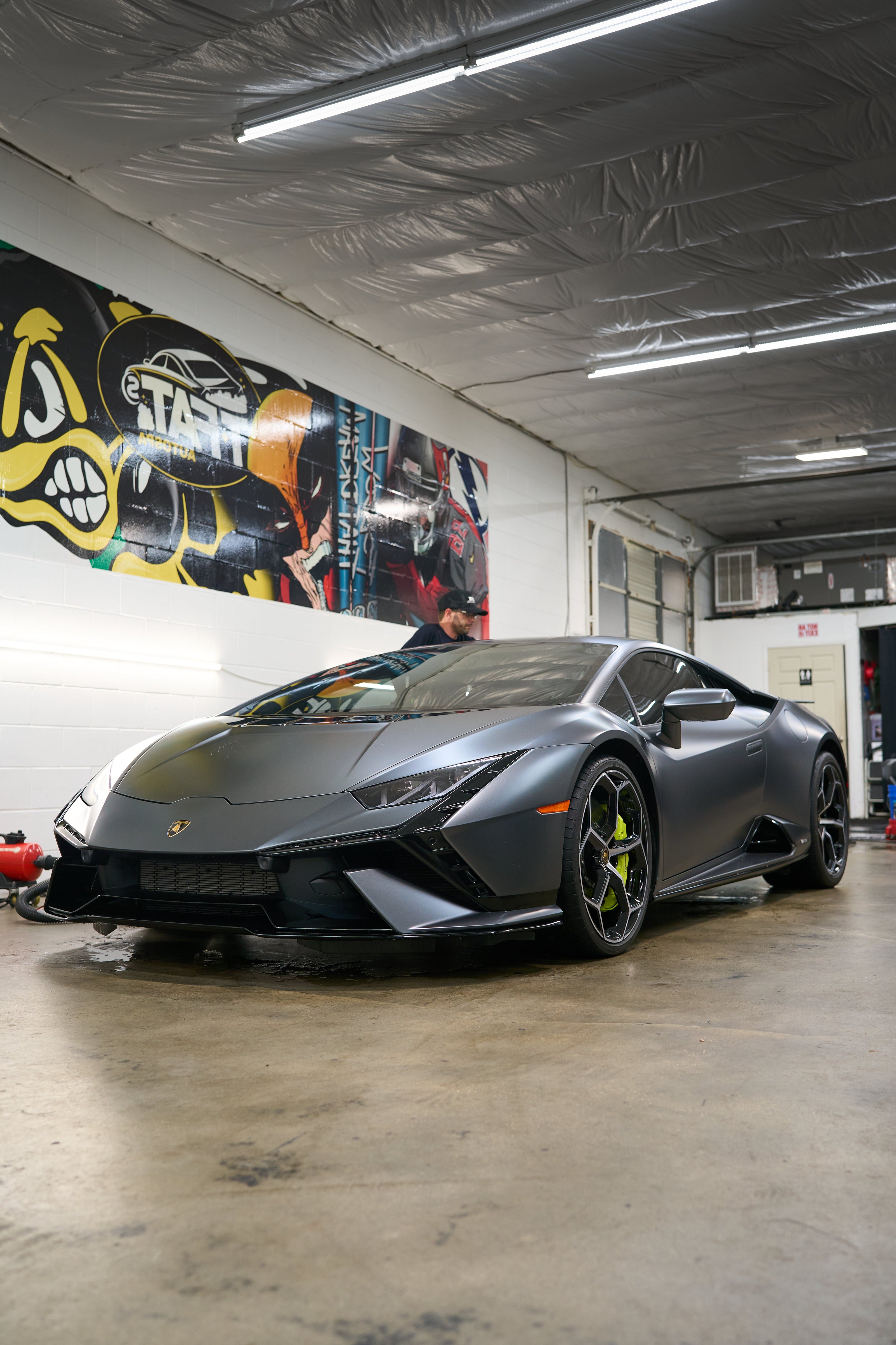 Gray Lamborghini with windshield strip window tint in Tampa, Florida