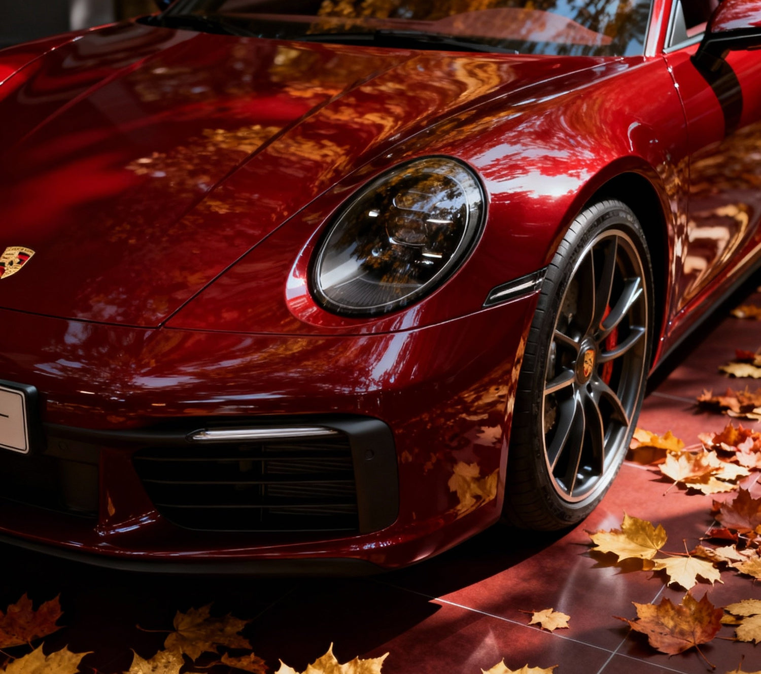 Red sports car with ceramic coating autumn leaves on a wet road
