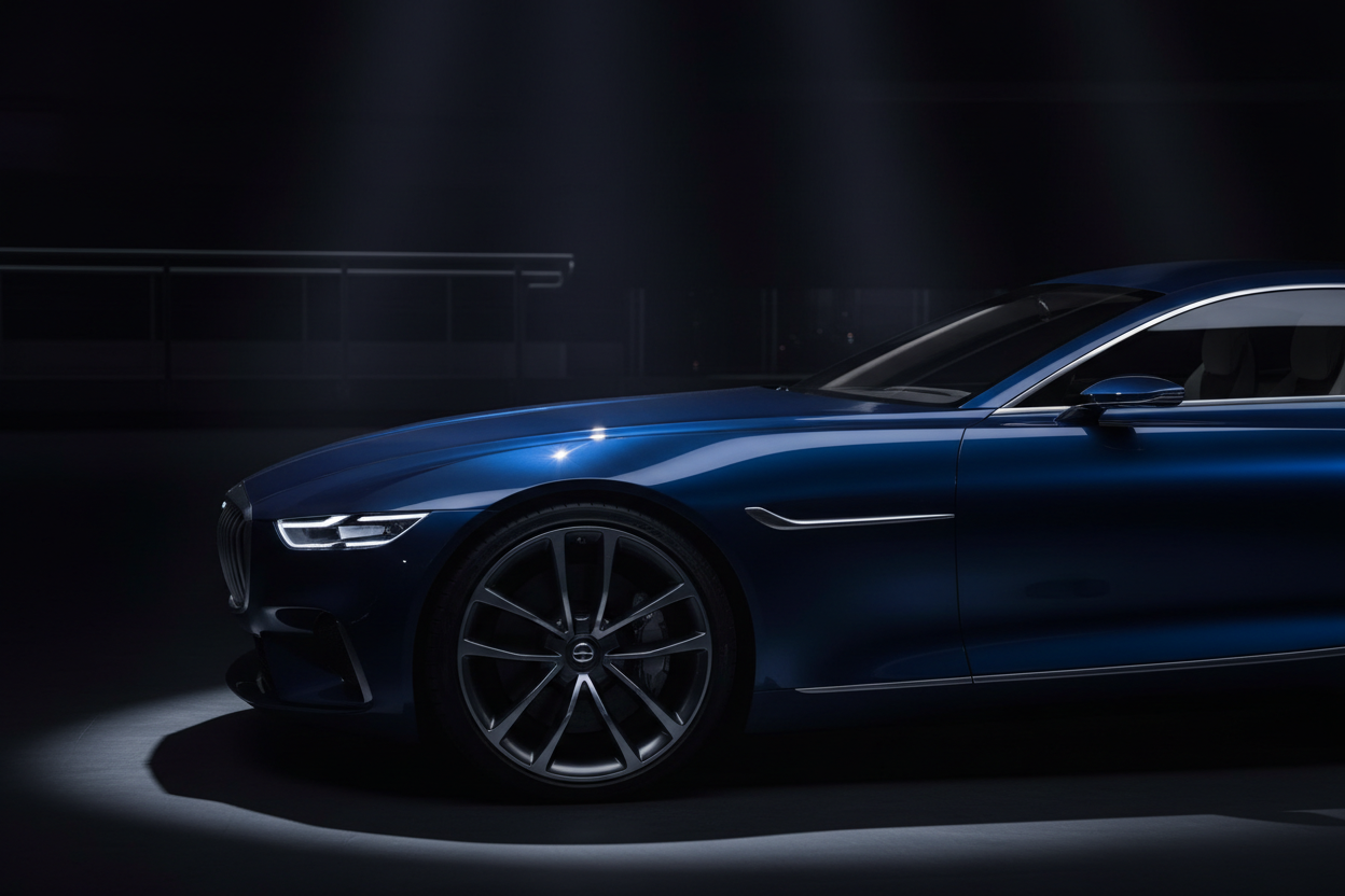 dark image , close up of glossy luxury car with nice curves ,dark room, side front angle