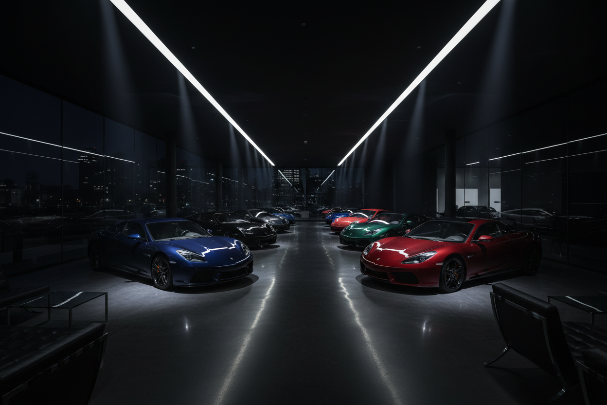 dark large room with multipleluxury vehiclesparked,glossy 