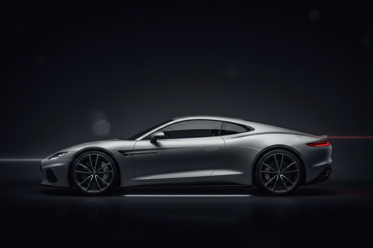 low light silver luxury car only slightly visible,glossy,dark room,side view