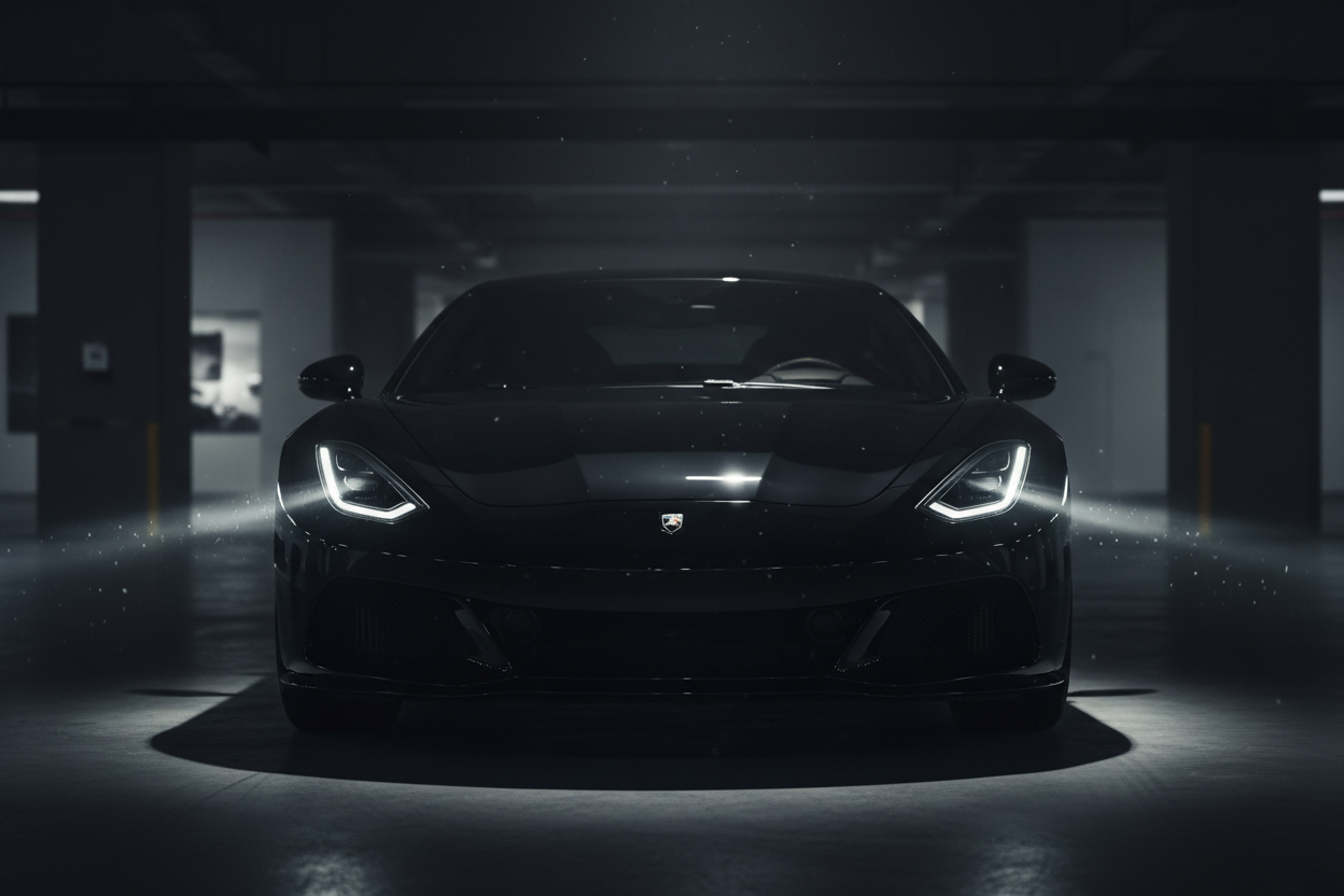 low lighting, luxury car only slightly visible from infront, glossy, black